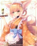  1girl absurdres alternate_costume animal_ears apron arknights bangs blonde_hair blue_bow blush bow braid brown_eyes brown_kimono checkered_clothes checkered_kimono chrocatz commentary_request enmaided fox_ears fox_girl fox_tail frilled_apron frills hair_between_eyes hair_rings highres holding holding_tray japanese_clothes kimono long_sleeves looking_at_viewer maid maid_headdress multicolored_hair parted_lips pinching_sleeves sleeves_past_wrists solo suzuran_(arknights) tail tray twin_braids two-tone_hair unmoving_pattern wa_maid white_apron white_hair wide_sleeves 