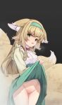  1girl animal_ear_fluff animal_ears arknights bangs black_background blonde_hair blue_hairband breath brown_jacket clothes_lift commentary_request fox_ears fox_girl fox_tail gradient_hair green_eyes green_skirt groin hairband highres jacket kitsune lifted_by_self long_sleeves looking_at_viewer multicolored_hair parted_lips pussy shirt shizuku_tsuki_(2421424977) simple_background skirt skirt_lift solo suzuran_(arknights) tail uncensored white_shirt 
