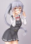  1girl adjusting_eyewear anti_(untea9) bespectacled blush bow buttons double-breasted glasses grey_background grey_hair highres kantai_collection kasumi_(kancolle) looking_at_viewer one-hour_drawing_challenge open_mouth red_bow semi-rimless_eyewear side_ponytail simple_background solo thighs yellow_eyes 