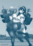  2girls absurdres ass blue_theme breasts commentary_request dress feet_out_of_frame hairband hamakaze_(kancolle) highres kantai_collection large_breasts long_hair machinery monochrome multiple_girls onomichi_(528959) panties panties_under_pantyhose pantyhose pleated_dress school_uniform serafuku short_hair thick_thighs thighs twitter_username underwear ushio_(kancolle) ushio_kai_ni_(kancolle) 