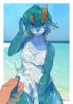  2022 anthro aquatic_dragon ayabemiso biped blush breasts broken_horn clothing countershade_scales countershading disembodied_hand dragon duo ear_piercing faceless_character faceless_human female first_person_view green_body green_hair hair hi_res horn hose human kemono looking_at_viewer mammal marine nipple_outline outside piercing purple_eyes scales scalie seaside shirt short_hair solo_focus standing teeth topwear water wet wet_clothing wet_shirt wet_topwear wingless_dragon 