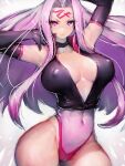  1girl adapted_costume armpits bare_shoulders black_gloves breasts cleavage covered_navel cropped_legs elbow_gloves facial_mark fate/stay_night fate_(series) forehead forehead_mark fumio_(rsqkr) gloves highres large_breasts leotard long_hair medusa_(fate) medusa_(rider)_(fate) navel pink_eyes popped_collar simple_background solo thick_thighs thighs very_long_hair wide_hips 