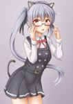  1girl adjusting_eyewear animal_ears anti_(untea9) bespectacled black-framed_eyewear blush bow buttons cat_ears cat_tail double-breasted extra_ears glasses grey_background grey_hair highres kantai_collection kasumi_(kancolle) looking_at_viewer one-hour_drawing_challenge open_mouth red_bow semi-rimless_eyewear side_ponytail simple_background solo tail thighs yellow_eyes 