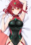  1girl bangs bare_shoulders black_one-piece_swimsuit blush breasts chest_jewel competition_swimsuit covered_navel earrings gem headpiece jewelry large_breasts looking_at_viewer matrix16 one-piece_swimsuit pyra_(pro_swimmer)_(xenoblade) pyra_(xenoblade) red_eyes red_hair red_one-piece_swimsuit short_hair smile solo swept_bangs swimsuit tiara xenoblade_chronicles_(series) xenoblade_chronicles_2 