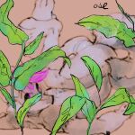  1:1 anthro balls blurred_character butt cheek_tuft colored_sketch facial_tuft genitals hair hi_res leaf looking_back lying male on_back oselotti penis pink_eyes pink_hair signature sketch solo tuft 