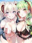  2girls :o bangs bikini black_bikini black_bow blue_eyes blue_jacket blunt_bangs blush bow breasts colored_inner_hair denim denim_jacket green_eyes green_hair grey_hair grin hair_bow highres jacket jewelry large_breasts leaning_forward looking_at_viewer mole mole_on_breast mole_under_mouth multicolored_hair multiple_girls navel necklace nekometaru o-ring o-ring_top orange_hair red_hair ring_necklace smile standing swimsuit thigh_gap white_bikini white_bow 