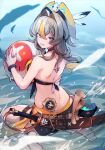  1girl alternate_costume ball beachball belt bikini braid brown_belt gears grey_eyes hat hat_feather honkai_(series) honkai_impact_3rd multicolored_hair orange_bikini pirate_hat sheath sheathed sitting smile solo summer swimsuit sword tentacles treasure_map vill-v wading wariza weapon wristband wu-qiao 