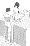  1boy 1girl absurdres ass barefoot commentary_request greyscale highres industrial_pipe long_hair monochrome nude original short_hair squatting standing tile_floor tile_wall tiles toes twintails urinal velzhe wireframe 