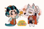 2020 animal_crossing anthro apode asian_clothing blush canid canine canis chinese_clothing chinese_text clothed clothing countershading draconcopode duo east_asian_clothing female hi_res holding_object juanmao1997 lamia legless living_hair mammal nintendo pseudo_hair reptile scalie serpentine snake snake_hair split_form text translation_request video_games wolf 