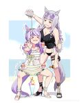  &gt;_&lt; 2girls alternate_costume alternate_hairstyle animal_ears breasts cleavage commentary_request cupcake eyewear_on_head food gloom_(expression) gold_ship_(run_revolt_launcher)_(umamusume) gold_ship_(umamusume) hair_ornament highres horse_ears horse_girl horse_tail large_breasts long_hair mafty mejiro_mcqueen_(ripple_fairlady)_(umamusume) mejiro_mcqueen_(umamusume) multiple_girls ocean open_mouth parfait pouring_onto_another purple_hair royal_bitter_juice sandals simple_background sky swimsuit tail umamusume 