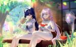  2girls absurdres ahoge bare_arms bare_shoulders blue_eyes blue_hair blue_shorts blurry blurry_background blurry_foreground braid breasts cleavage collarbone commentary crossed_legs day depth_of_field electric_fan elysia_(honkai_impact) english_commentary feet_out_of_frame food front-tie_top fruit high_ponytail highres holding holding_food honkai_(series) honkai_impact_3rd horns long_hair medium_breasts meuwzza_(me_zwa) multiple_girls official_art outdoors pink_hair ponytail purple_eyes raiden_mei raiden_mei_(herrscher_of_thunder) second-party_source shirt shorts tied_shirt tree veranda very_long_hair watermelon watermelon_slice white_shorts 
