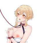  bare_shoulders blonde_hair blush bound bound_wrists breasts cleavage collar collarbone crying crying_with_eyes_open genshin_impact highres large_breasts looking_at_viewer lumine_(genshin_impact) short_hair tears tongue tongue_out unosaki2 white_background wrist_cuffs yellow_eyes 