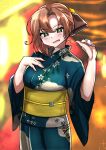  1girl absurdres akigumo_(kancolle) alternate_costume alternate_hairstyle brown_hair floral_print green_eyes green_kimono highres japanese_clothes kantai_collection kimono tokiwa_senkei 