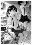  2girls absurdres bangs blush border breast_pocket collared_shirt feet_out_of_frame flat_chest game_over greyscale hakonnbo highres indoors monochrome multiple_girls open_mouth original pillow playstation_controller pleated_skirt pocket shirt short_hair short_twintails sitting skirt socks solo_focus standing suspender_skirt suspenders television twintails 