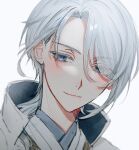  1boy blue_eyes blue_hair closed_mouth facing_viewer genshin_impact haruno_ryo_1202 highres japanese_clothes kamisato_ayaka kimono long_hair looking_down looking_to_the_side mole mole_under_mouth profile smile solo white_background 
