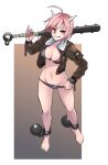  1girl alternate_costume ball_and_chain_restraint bangs barefoot bikini black_bikini blush bomber_jacket breasts brown_jacket chain cleavage club_(weapon) commentary_request cuffs ear_piercing full_body grin highres horns ibaraki_douji&#039;s_arm jacket large_breasts looking_at_viewer navel opagi piercing pink_eyes pink_hair sharp_teeth short_hair smile solo spiked_club standing swimsuit teeth touhou weapon white_horns 