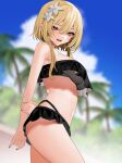 1girl alternate_costume arm_support artist_name bangs bare_shoulders beach bebe_(bebe_pp) bikini black_bikini blonde_hair blue_sky blurry blurry_background breasts brown_nails cloud cloudy_sky commentary_request fingernails flower genshin_impact grey_flower hair_between_eyes hair_flower hair_ornament highres large_breasts leaf leaf_hair_ornament lily_(flower) long_fingernails looking_at_viewer looking_to_the_side lumine_(genshin_impact) nail_polish navel open_mouth palm_tree sand short_hair short_hair_with_long_locks sidelocks sky smile smug solo standing swimsuit tongue tree yellow_eyes 