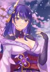  1girl absurdres braid breasts bridal_gauntlets cherry_blossoms cleavage commentary falling_petals genshin_impact hair_ornament hand_up highres japanese_clothes kimono large_breasts long_hair long_sleeves looking_at_viewer mole mole_under_eye night obi parted_lips petals purple_eyes purple_hair purple_kimono purple_nails raiden_shogun sash single_braid smile solo vic_1223 wide_sleeves 