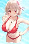  1girl absurdres bare_shoulders bikini bird blonde_hair blush bob_cut breasts clenched_hand closed_mouth collarbone day finger_gun front-tie_bikini_top front-tie_top hair_ribbon hakamaboooots hand_on_hip hand_up highres jewelry large_breasts lycoris_recoil navel nishikigi_chisato one_side_up outdoors owl pendant red_bikini red_eyes red_ribbon ribbon short_hair smile solo stomach sunlight swimsuit wading water wet 
