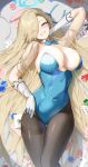  1girl absurdres ace_of_spades animal_ears arm_up asuna_(blue_archive) asuna_(bunny)_(blue_archive) bangs bbakasatang blonde_hair blue_archive blue_eyes blue_leotard blue_ribbon blush breasts brown_pantyhose card cleavage covered_navel eyes_visible_through_hair fake_animal_ears gloves grin hair_over_one_eye hair_ribbon hairband_removed halo highres large_breasts leotard long_hair looking_at_viewer pantyhose playboy_bunny playing_card poker_chip ribbon smile solo spade_(shape) strapless strapless_leotard thigh_gap very_long_hair white_gloves 