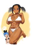  2girls abs arung_samudra_(cessa) bikini black_hair blue_hair borrowed_character breasts cleavage dark-skinned_female dark_skin dif_(difman) difman hairband highres large_breasts multiple_girls muscular muscular_female ombok_diving_and_delivery_services original short_twintails standing standing_on_one_leg swimsuit twintails white_bikini 