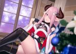  1girl black_gloves black_thighhighs blue_eyes blurry blurry_foreground bodysuit breasts christmas_tree closed_mouth cosplay depth_of_field gloves granblue_fantasy hair_ornament hair_over_one_eye half_gloves hands_up horns japanese_clothes kimono large_breasts long_hair looking_at_viewer narmaya_(granblue_fantasy) one_eye_covered pink_hair pointy_ears red_kimono santa_costume smile solo thighhighs window yochris72_(cosplayer) zonda_(solid_air) 