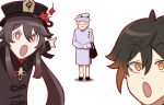  1boy 2girls bag black_hair doggy_exe elizabeth_ii genshin_impact handbag hu_tao_(genshin_impact) long_hair meme multiple_girls old old_woman orange_eyes pointing real_life red_eyes short_hair smile surprised two_soyjaks_pointing_(meme) white_background zhongli_(genshin_impact) 