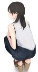 1girl ama_mitsuki bare_shoulders blue_pants brown_eyes brown_hair denim from_behind highres jeans long_hair original pants parted_lips sandals shirt sleeveless sleeveless_shirt solo squatting white_background white_shirt 