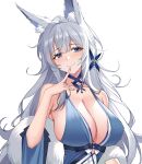  1girl ahoge animal_ear_fluff animal_ears armpit_crease azur_lane bare_shoulders black_choker blue_dress blue_eyes breasts choker cleavage closed_mouth collarbone covered_nipples dress feather_boa finger_to_mouth fox_ears grey_hair hair_ornament hand_up highres index_finger_raised large_breasts long_hair looking_at_viewer no_bra official_alternate_costume shinano_(azur_lane) shinano_(dreams_of_the_hazy_moon)_(azur_lane) sleeveless sleeveless_dress smile solo upper_body zest_(watts99) 