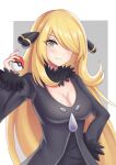  1girl absurdres bangs black_shirt blonde_hair border breasts cleavage closed_mouth cynthia_(pokemon) fur_collar fur_trim gradient_eyes grey_eyes hair_ornament hair_over_one_eye hand_on_hip highres holding holding_poke_ball large_breasts light_blush light_smile long_bangs long_hair multicolored_eyes poke_ball poke_ball_(basic) pokemon pokemon_(game) pokemon_dppt ptvm7432 shirt solo upper_body very_long_hair white_border yellow_eyes 