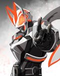  1boy amakawa_mayu armor black_bodysuit bodysuit breastplate compound_eyes desire_driver fox fox_mask fox_shadow_puppet fox_tail glowing glowing_eye hand_gesture highres kamen_rider kamen_rider_geats kamen_rider_geats_(series) kitsune mask orange_eyes profile scarf shoulder_armor tail white_armor white_scarf 