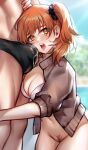  1boy 1girl absurdres bangs bikini bikini_top_only blush bottomless breasts brown_jacket cleavage cowboy_shot cum cum_in_clothes cum_string cum_through_clothes day fate/grand_order fate_(series) female_pubic_hair fujimaru_ritsuka_(female) hair_ornament hair_scrunchie hetero highres hua-j jacket large_breasts male_swimwear one_side_up open_clothes open_jacket open_mouth outdoors pubic_hair red_hair scrunchie short_hair short_sleeves solo_focus standing swim_briefs swimsuit tongue tongue_out white_bikini yellow_eyes 