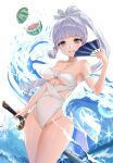  1girl :d bangs between_breasts blue_eyes blunt_bangs breasts cleavage covered_navel folding_fan food fruit genshin_impact grey_hair hair_ribbon hand_fan hand_up highleg highleg_swimsuit highres holding holding_fan holding_sword holding_weapon jewelry kamisato_ayaka katana long_hair looking_at_viewer medium_breasts mole mole_under_eye necklace ponytail ribbon smile solo swimsuit sword tress_ribbon water watermelon weapon white_background white_one-piece_swimsuit zetto_(zet) 