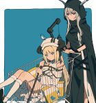  2girls animal_on_head arknights bangs bare_shoulders bird bird_on_head black_cape black_dress blonde_hair blue_background blue_eyes blunt_bangs boots border bright_pupils brown_eyes cape closed_mouth coldcat. dress expressionless grey_hair hat highres holding holding_staff hood hooded_sweater horns horns_through_headwear knee_boots knees_up long_hair long_sleeves looking_at_viewer multiple_girls nightingale_(arknights) on_head outside_border shining_(arknights) shopping_cart simple_background sitting staff standing sweater very_long_hair white_border white_dress white_footwear white_headwear 