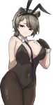  1girl absinthe_(arknights) animal_ears arknights bear_ears between_breasts breasts brown_eyes brown_gloves brown_hair bunny_day covered_navel fake_animal_ears gloves large_breasts pantyhose playboy_bunny rabbit_ears unknownnoname0 white_background 