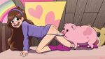  absurd_res accessory armor bed bracers brown_hair butt clothing disney domestic_pig duo female footwear furniture gravity_falls hair hair_accessory hairband hi_res human mabel_pines male mammal on_bed panties pink_clothing pink_footwear pink_socks socks suid suina sus_(pig) underwear young 