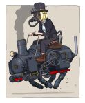  1girl blonde_hair bob_cut capelet commentary gas_mask gatling_santouhei gun hat highres holster holstered_weapon locomotive mask original riding robot science_fiction short_hair simple_background solo steam_locomotive steampunk thigh_holster top_hat weapon 