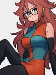  1girl android_21 blue_eyes breasts checkered_clothes checkered_dress closed_mouth dragon_ball dragon_ball_fighterz dress earrings glasses grey_background hoop_earrings jewelry kemachiku large_breasts long_hair looking_at_viewer red_hair simple_background solo 