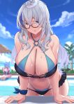  2girls absurdres bangs bare_shoulders bikini blue_bikini blue_eyes blurry blurry_background blush breasts glasses grey_hair heterochromia highres kimi_tsuru large_breasts long_hair looking_at_viewer multiple_girls original outdoors pool sitting sky solo swimsuit 