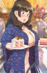  !? 1girl accidental_exposure blurry blurry_background blush breasts brown_eyes brown_hair cake earrings food fruit highres japanese_clothes jewelry kimono large_breasts medium_hair motion_lines navel obi open_clothes open_mouth original ryokucha_michi sash strawberry strawberry_cake wardrobe_malfunction wavy_hair yukata 