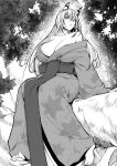  1girl animal_ears barefoot breasts cleavage closed_mouth fox_ears greyscale huge_breasts in_tree japanese_clothes kimono long_hair looking_at_viewer monochrome obmas off_shoulder original sash sitting sitting_on_branch solo tree 
