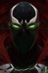  1boy bodysuit cape glowing glowing_eyes green_eyes highres looking_at_viewer male_focus max58art portrait red_cape signature solo spawn spawn_(spawn) 