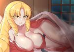  1girl bangs bare_shoulders bed_sheet blonde_hair blush breasts cleavage collarbone coyomin drill_hair fate/kaleid_liner_prisma_illya fate_(series) highres japanese_clothes kimono large_breasts long_hair luviagelita_edelfelt lying off_shoulder on_side open_mouth parted_bangs red_kimono sidelocks solo thighs very_long_hair yellow_eyes 