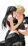  1boy 1girl arm_ribbon armor black_gloves black_hair blonde_hair clothes_lift cloud_strife duoj_ji earrings final_fantasy final_fantasy_vii final_fantasy_vii_advent_children finger_to_another&#039;s_mouth french_kiss gloves highres jewelry kiss ribbon ring shirt_lift shoulder_armor spiked_hair tifa_lockhart tongue tongue_out 