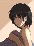  1girl absurdres aged_up amagami bangs bare_shoulders bed_sheet black_hair blush brown_eyes closed_mouth commentary_request earrings highres jewelry looking_at_viewer mitojyaneeeeyo naked_sheet nanasaki_ai short_hair smile solo sweatdrop 