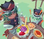  ! 1girl bangs blue_vest bow buttons cake candy chair commentary eating english_commentary epaulettes flat_chest food green_eyes green_hair jelly karamelflan long_sleeves lowres open_mouth pixel_art pudding red_bow shiki_eiki shirt short_hair sleeve_bow sukusuku_hakutaku sweatdrop table touhou upper_body vest wafer_stick white_bow white_shirt 