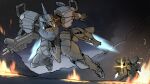  extra_eyes f-22a_raptor_(muvluv) fighting fire firing flying fubuki_(muvluv) green_eyes iwashi_sozoro looking_back mecha muvluv muvluv_alternative no_humans robot science_fiction smoke tactical_surface_fighter 