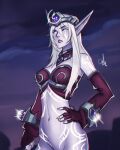 1girl absurdres avatar_(wow) boobplate bottomless colored_skin crown detached_sleeves distr elf fingerless_gloves fingernails gloves grey_skin hand_on_hip highres long_sleeves looking_at_viewer mage_(warcraft) medium_hair navel night_elf_(warcraft) nightborne out-of-frame_censoring parted_lips pointy_ears red_gloves solo warcraft world_of_warcraft 