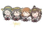  4girls ahoge artist_name black_hair brown_hair commentary_request dated detached_sleeves glasses hairband haruna_(kancolle) haruna_kai_ni_(kancolle) headgear hiei_(kancolle) hiei_kai_ni_(kancolle) highres japanese_clothes kantai_collection kirishima_(kancolle) kongou_(kancolle) kongou_kai_ni_(kancolle) long_hair looking_at_viewer microphone multiple_girls popped_collar ribbon-trimmed_sleeves ribbon_trim short_hair simple_background sitting white_background zangaku 
