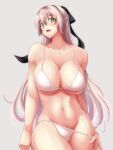  1girl ao_no_kiseki arms_at_sides bikini bikini_pull blush breasts cleavage clothes_pull collarbone commentary_request eiyuu_densetsu elie_macdowell green_eyes grey_background hair_ribbon highres large_breasts light_brown_hair long_hair looking_at_viewer navel oohiro_saki open_mouth ribbon simple_background smile solo stomach swimsuit thighs underboob very_long_hair white_bikini 